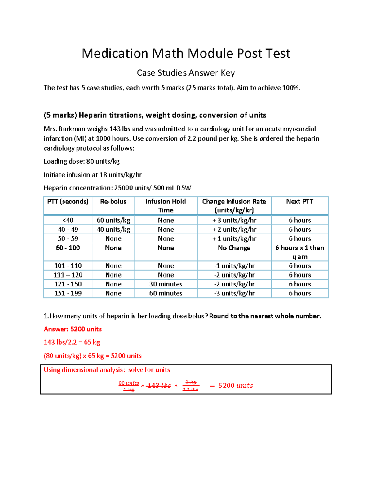 Posttest answers post test answer key Medication Math Module Post