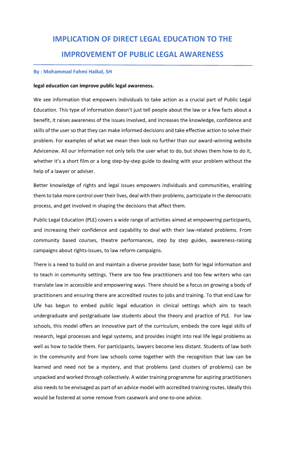 Implication of direct legal education to the improvement of public ...