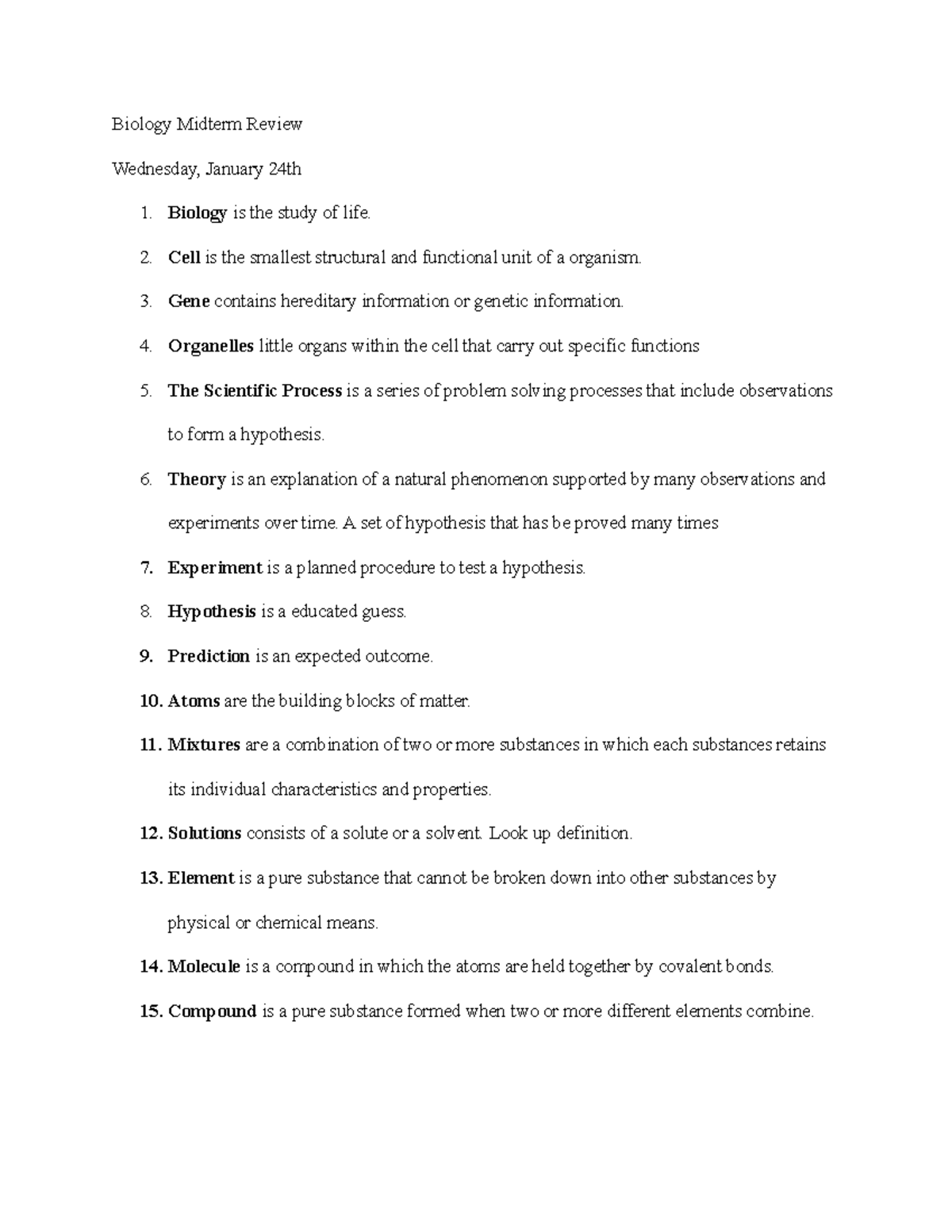 Biology Midterm Review - Biology Midterm Review Wednesday, January 24th ...