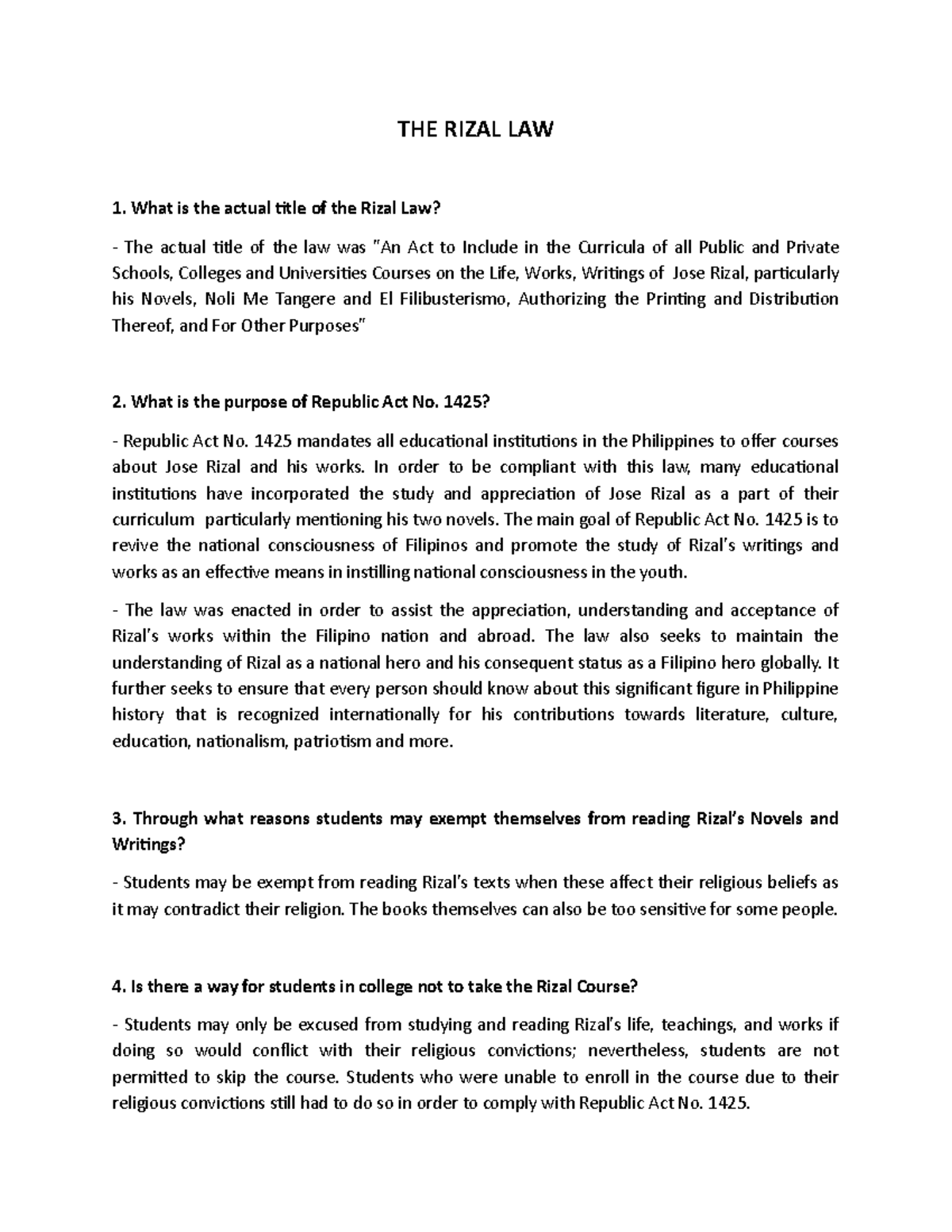 R1-11 - R1-11 RIZAL - THE RIZAL LAW What is the actual title of the ...