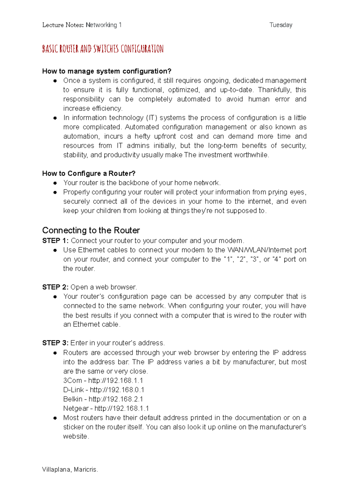 Routers and Switches Configuration (Week8 Lecture Notes) BASIC