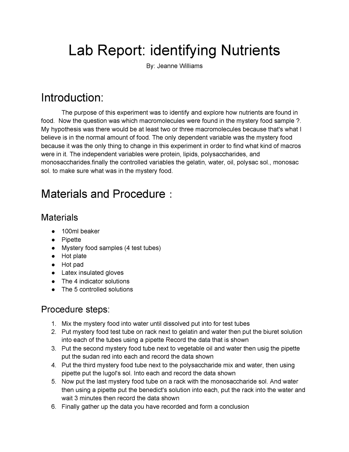 lab identifying nutrients assignment lab report