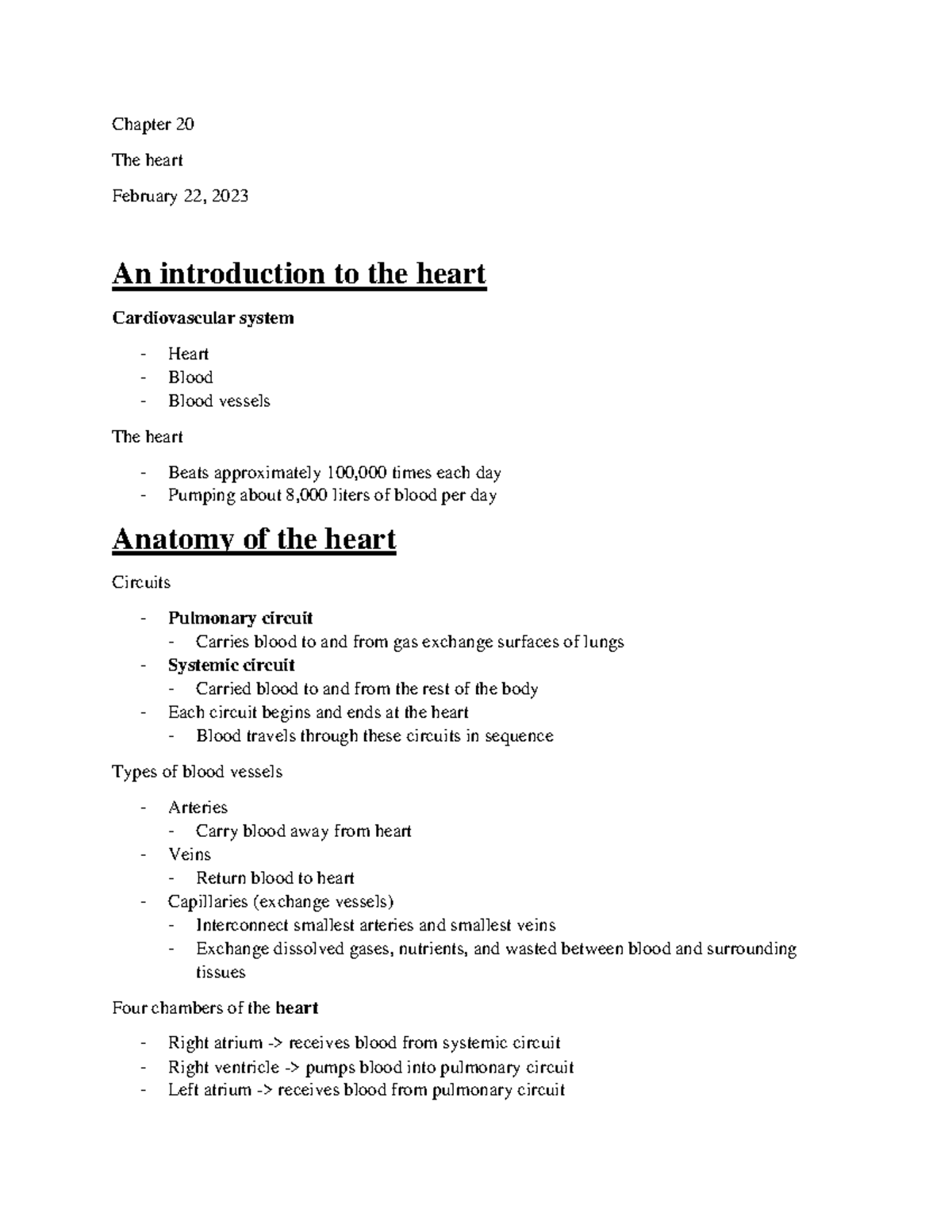 BIO222 chap 20 - cardiovascular system - Chapter 20 The heart February ...