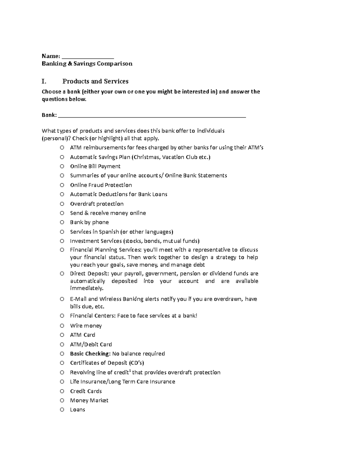 Bank Account Research - do well - Name: ______________________ Banking