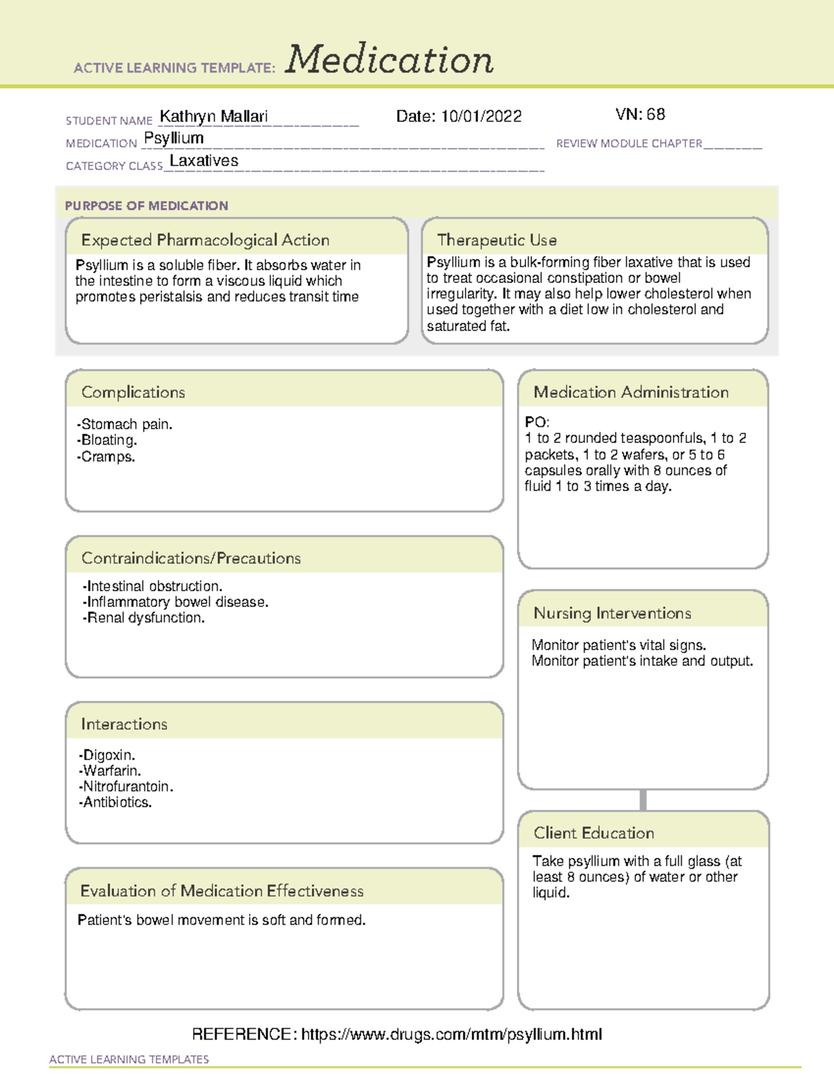 Week 1 Psyllium med cards ACTIVE LEARNING TEMPLATES Medication