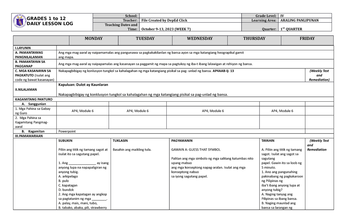 DLL Araling Panlipunan 4 Q1 W7 - GRADES 1 To 12 DAILY LESSON LOG School ...