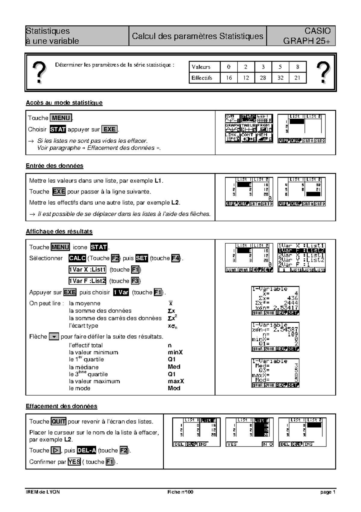 Calcul Statistique Casio Graph 25+E - IREM de LYON Fiche n° 100 page 1 ...