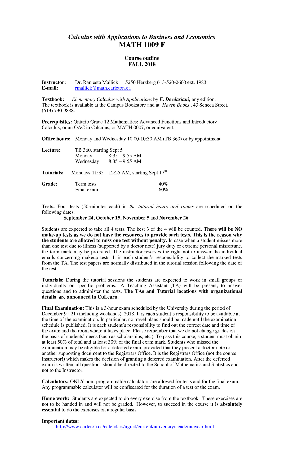 Course outline Fall 2018 - Calculus with Applications to Business and ...