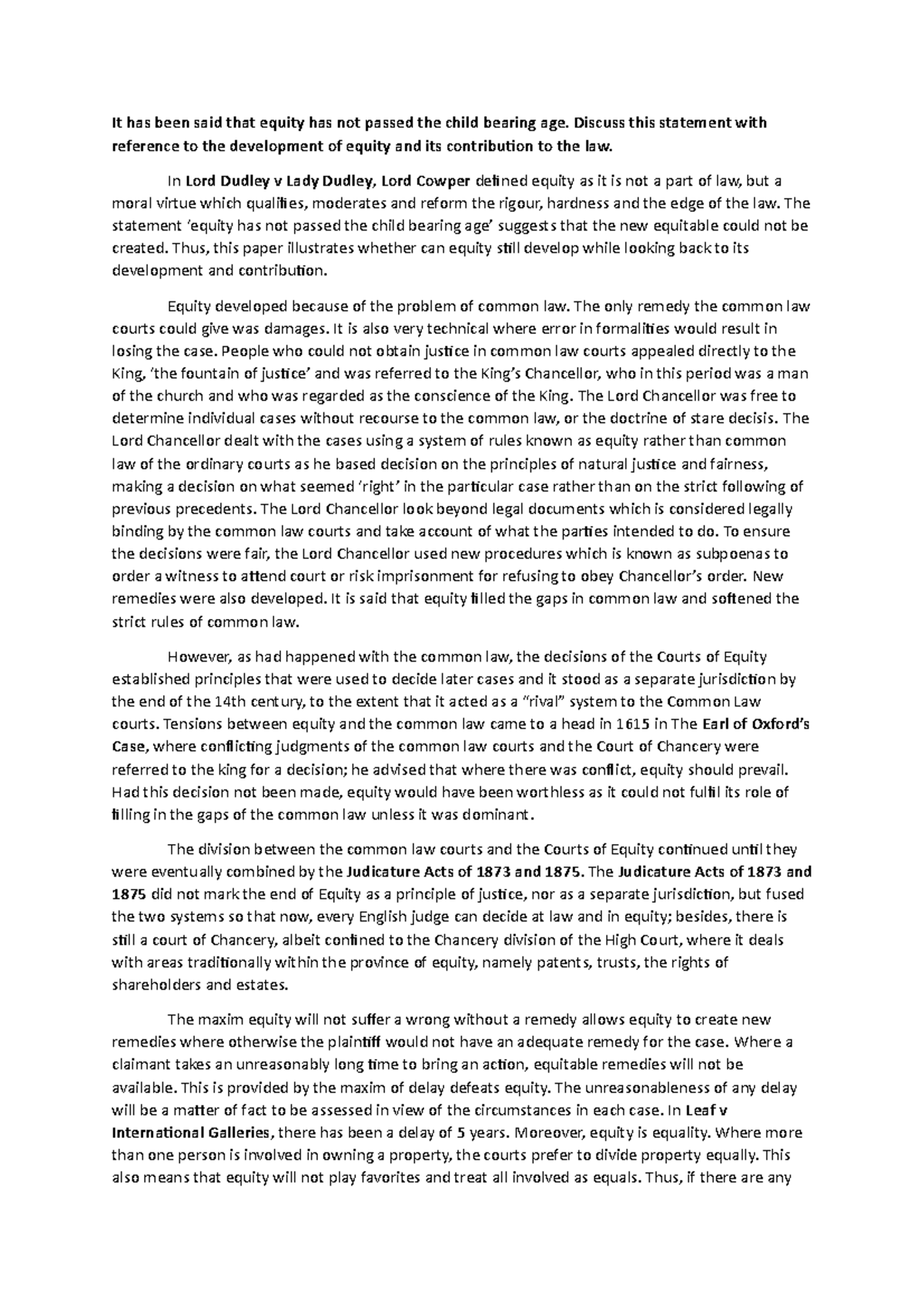 Equity essay (exercise) Property Law Studocu