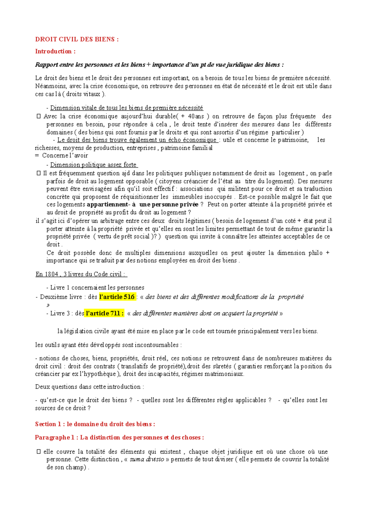 Droit Civil DES Biens - DROIT CIVIL DES BIENS : Introduction : Rapport ...