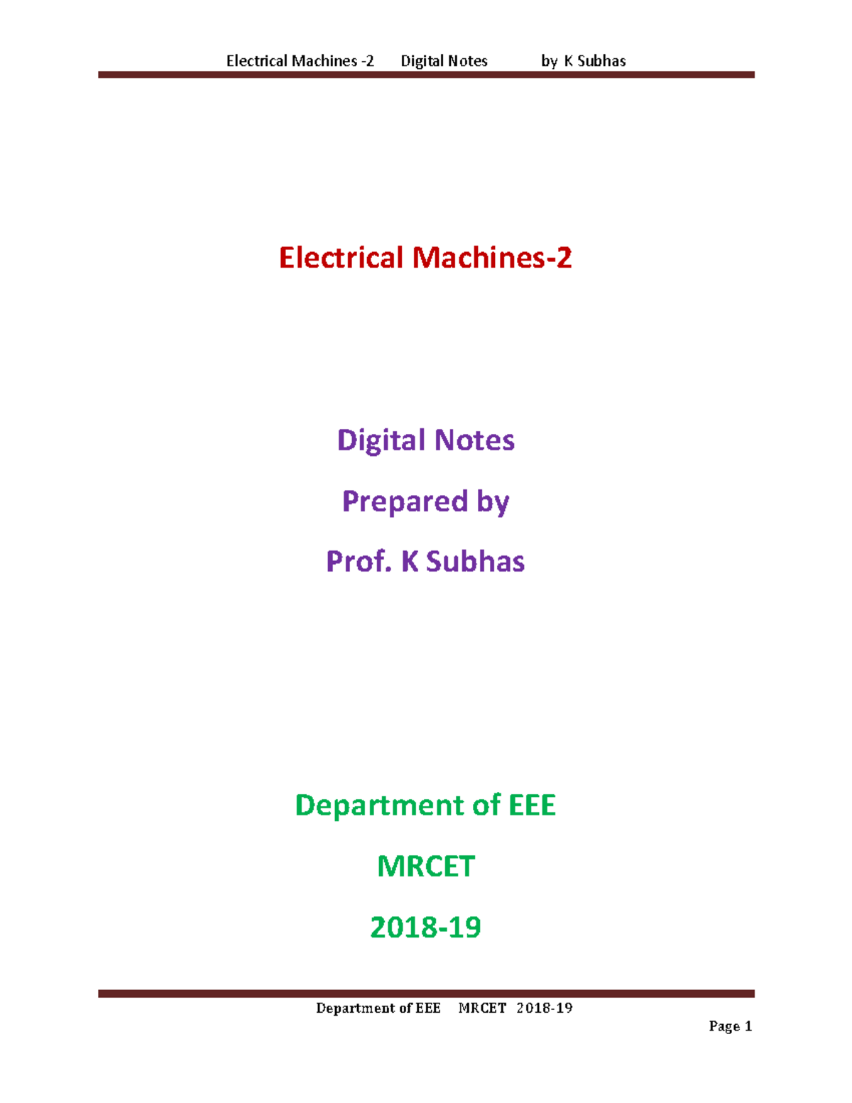 Electrical Machines-II - Department of EEE MRCET 2018 - 19 Electrical ...