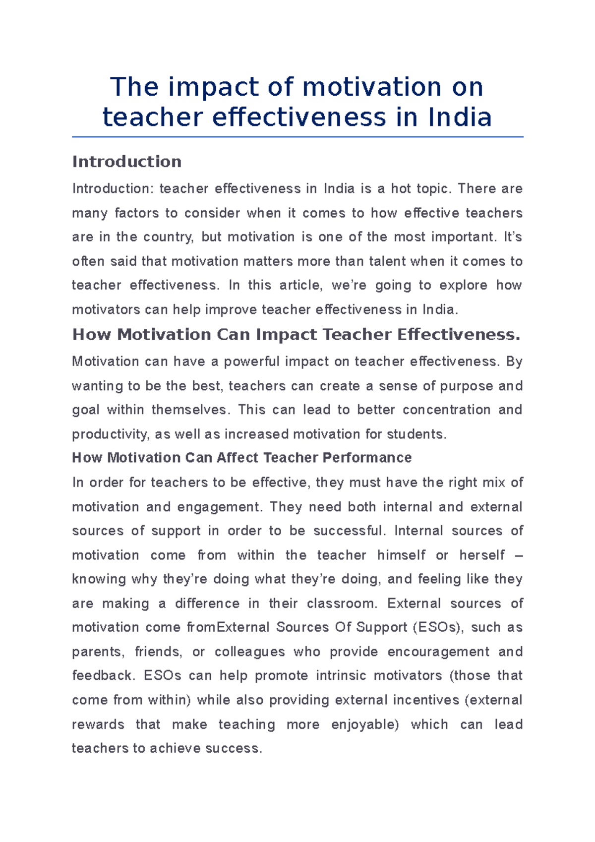 The impact of motivation on teacher effectiveness in India - The impact ...