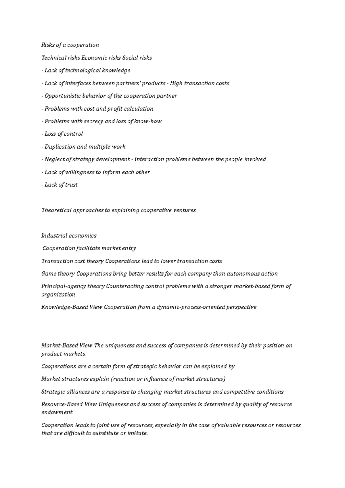 Risks of a cooperation - Management notes - Risks of a cooperation ...