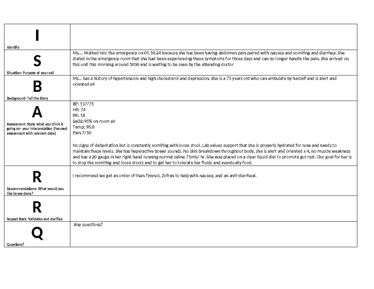 Isbarrq 1 - ISBARR - I Identify: S Situation: Purpose of your call Ms ...