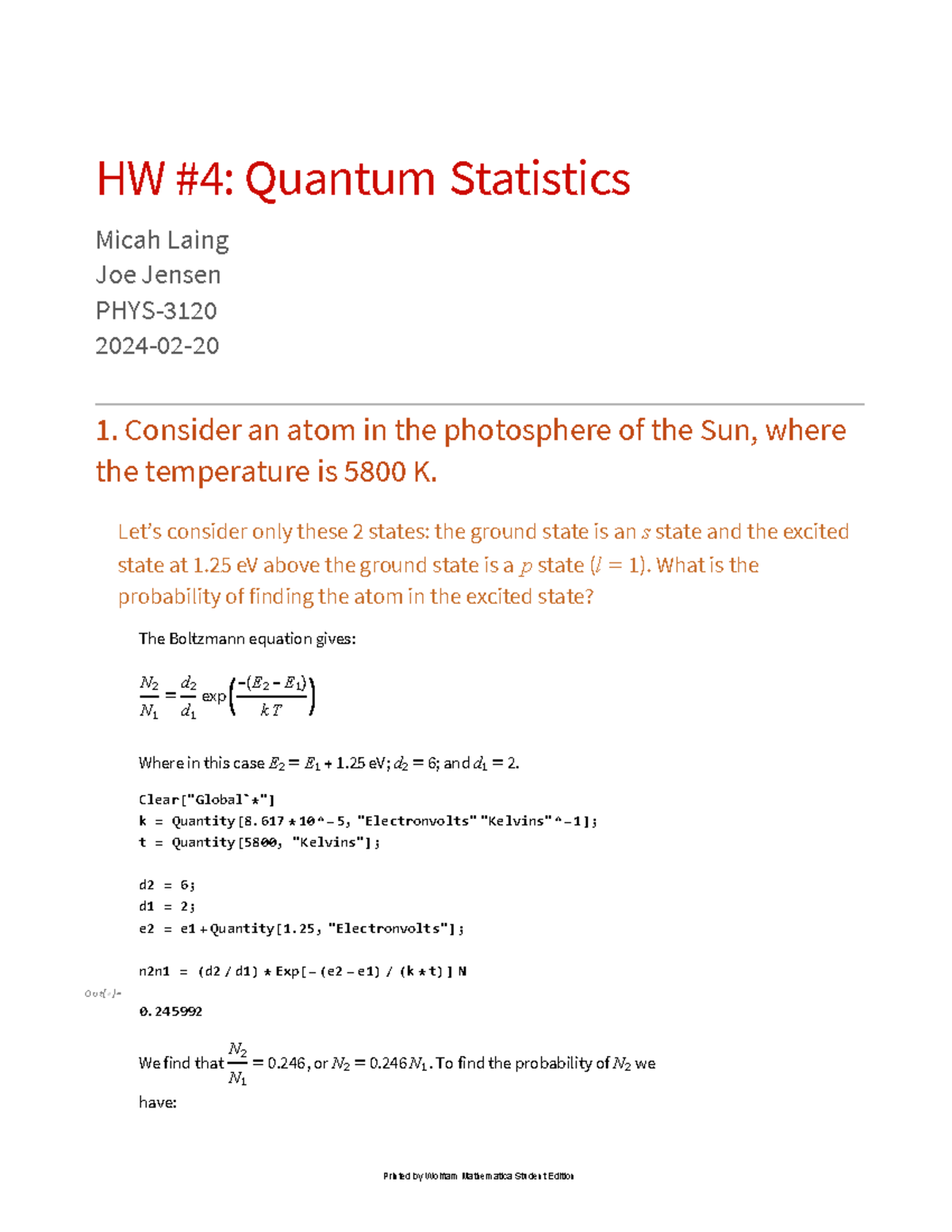Hw4 quantum-stat - Intro to quantum statistics. - HW #4: Quantum ...