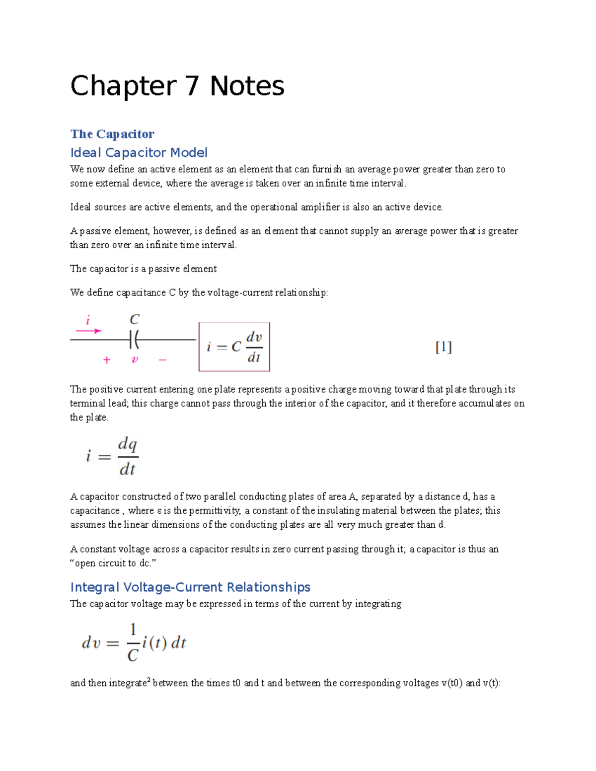 Chapter 7 Notes - Chapter 7 Notes The Capacitor Ideal Capacitor Model ...