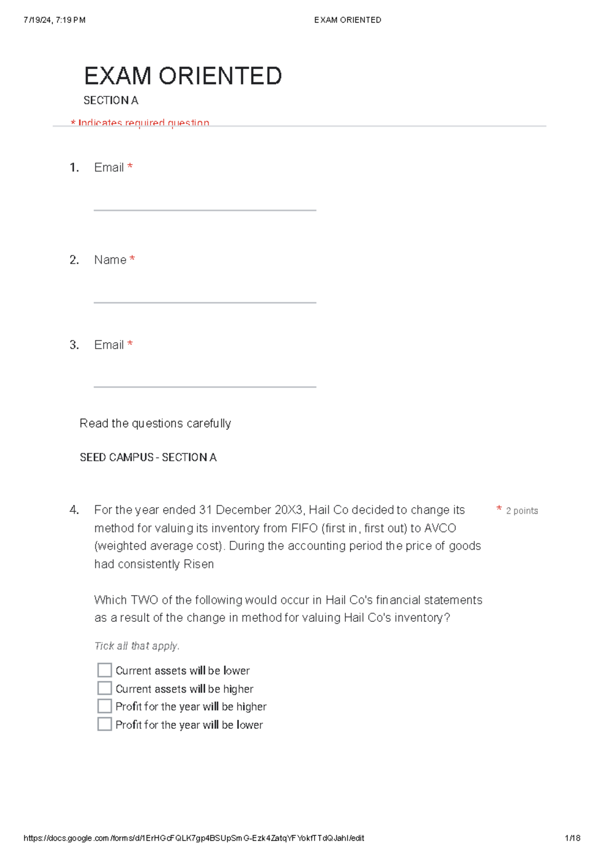 EXAM Oriented FA - Google Forms - 1. Email * 2. 3. Read the questions ...