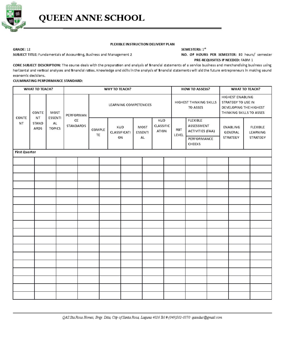 Flexible Instruction Delivery PLAN - Template - QUEEN ANNE SCHOOL ...