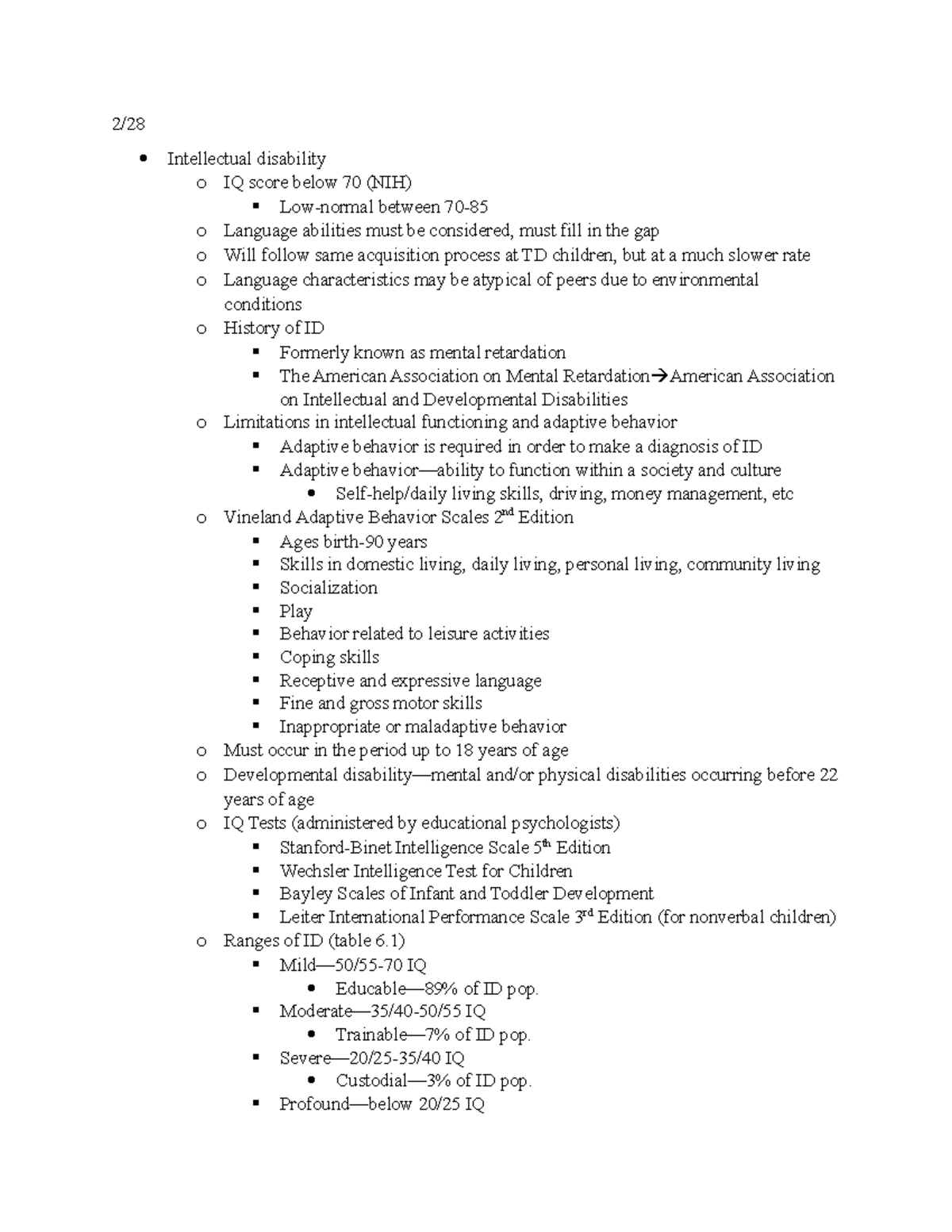 Unit 2 Class Notes - 2/ Intellectual disability o IQ score below 70 ...