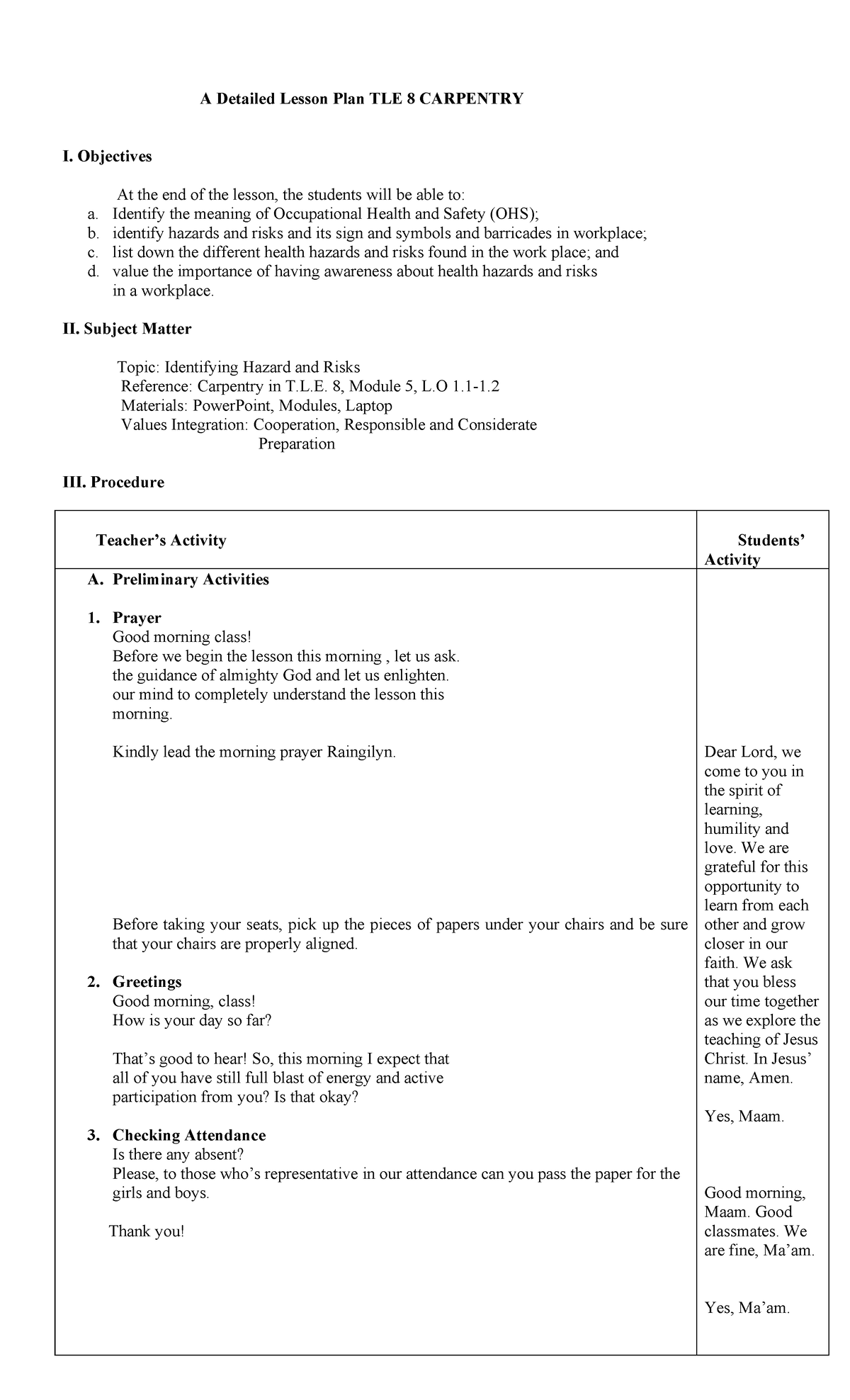 Detailed Lesson PLSN Carpentry 8 - A Detailed Lesson Plan TLE 8 ...