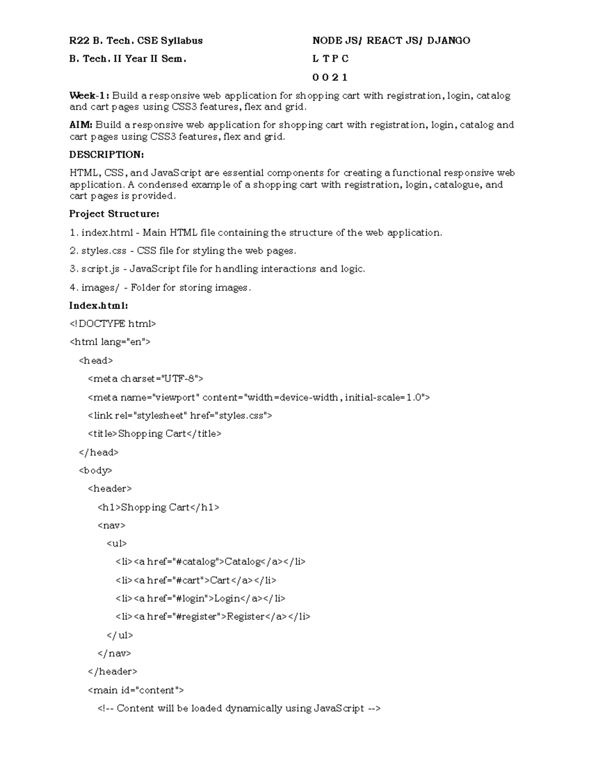 SDC LAB Course FILE - R22 B. Tech. CSE Syllabus NODE JS/ REACT JS ...