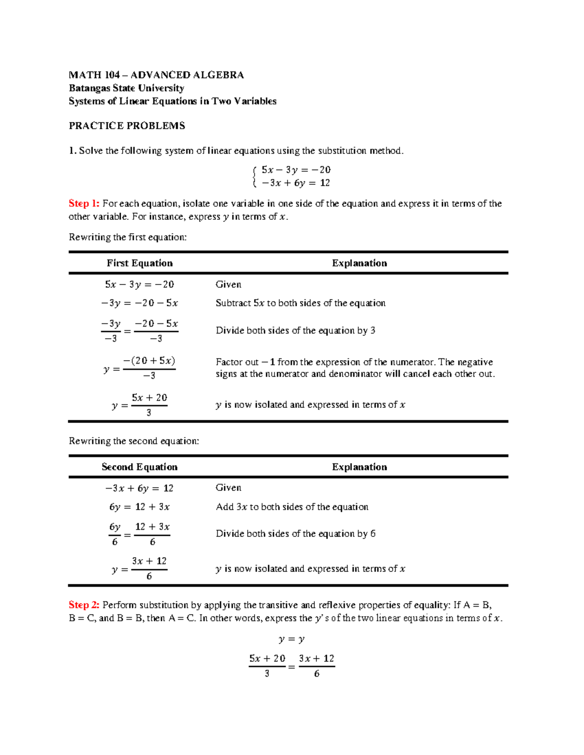 Systems of Linear Equations in Two Variables Practice Problems - MATH ...