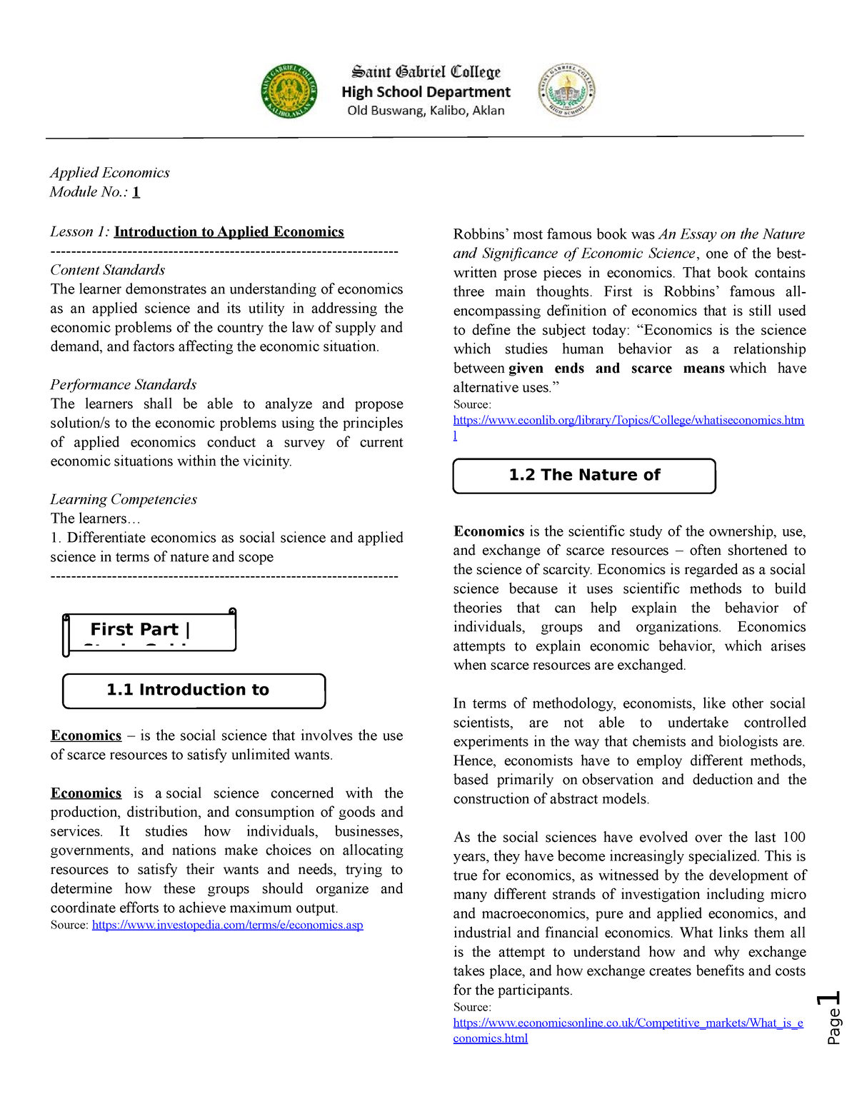 Applied Econ - Module 1 - Applied Economics Module No.: 1 Lesson 1 ...