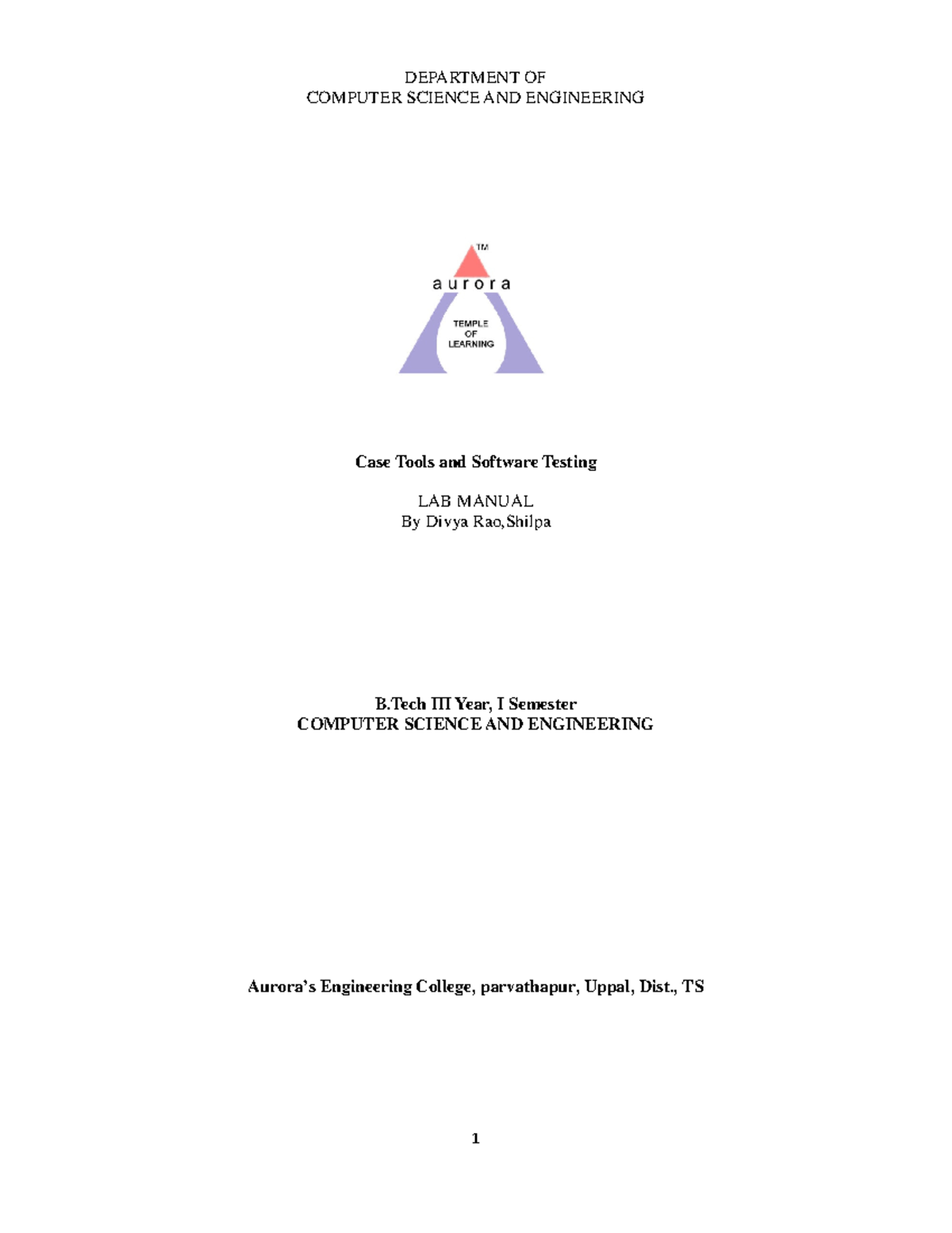 Software Testing and Case Tools Lab Manual - DEPARTMENT OF COMPUTER ...