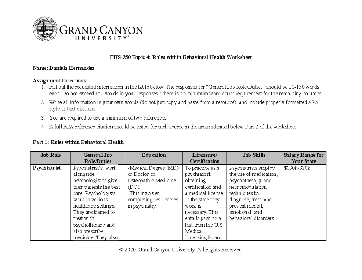 BHS - Worksheet - BHS-350 Topic 4: Roles Within Behavioral Health ...