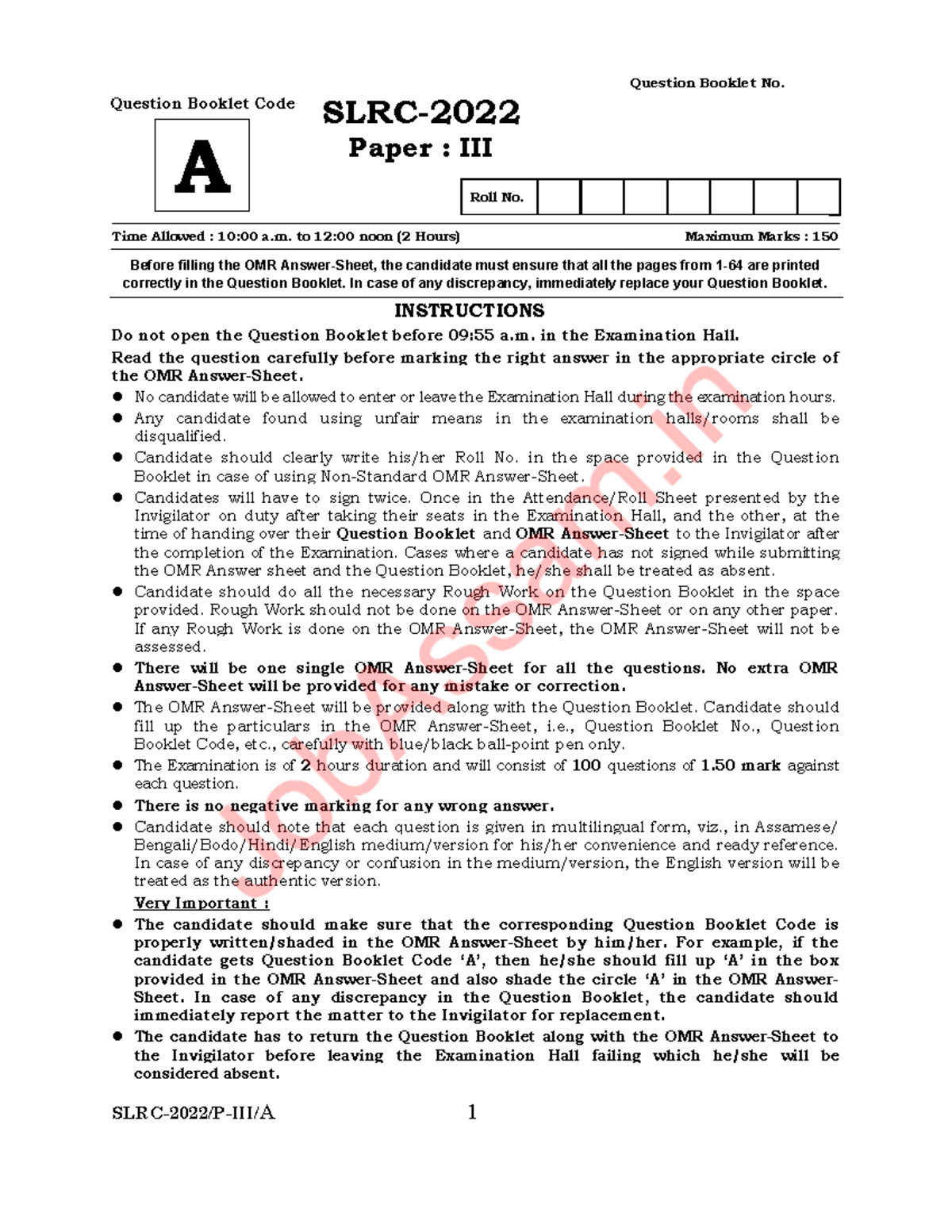 Paper-III-Set-A - sd ..... - SLRC-2022/P-III/A 1 Roll No. Time Allowed ...