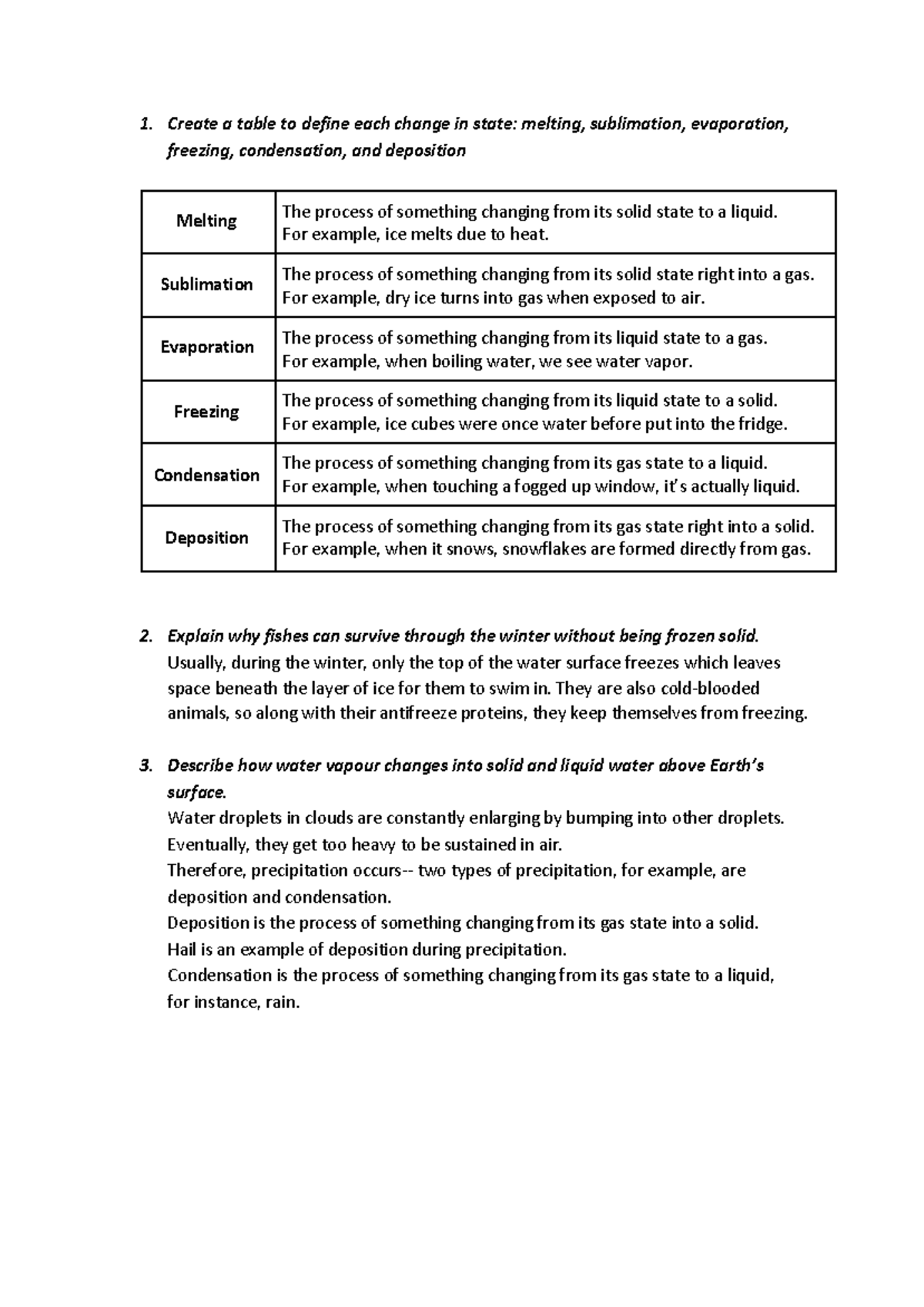 Water Cycle - asdfasdf - Create a table to define each change in state ...