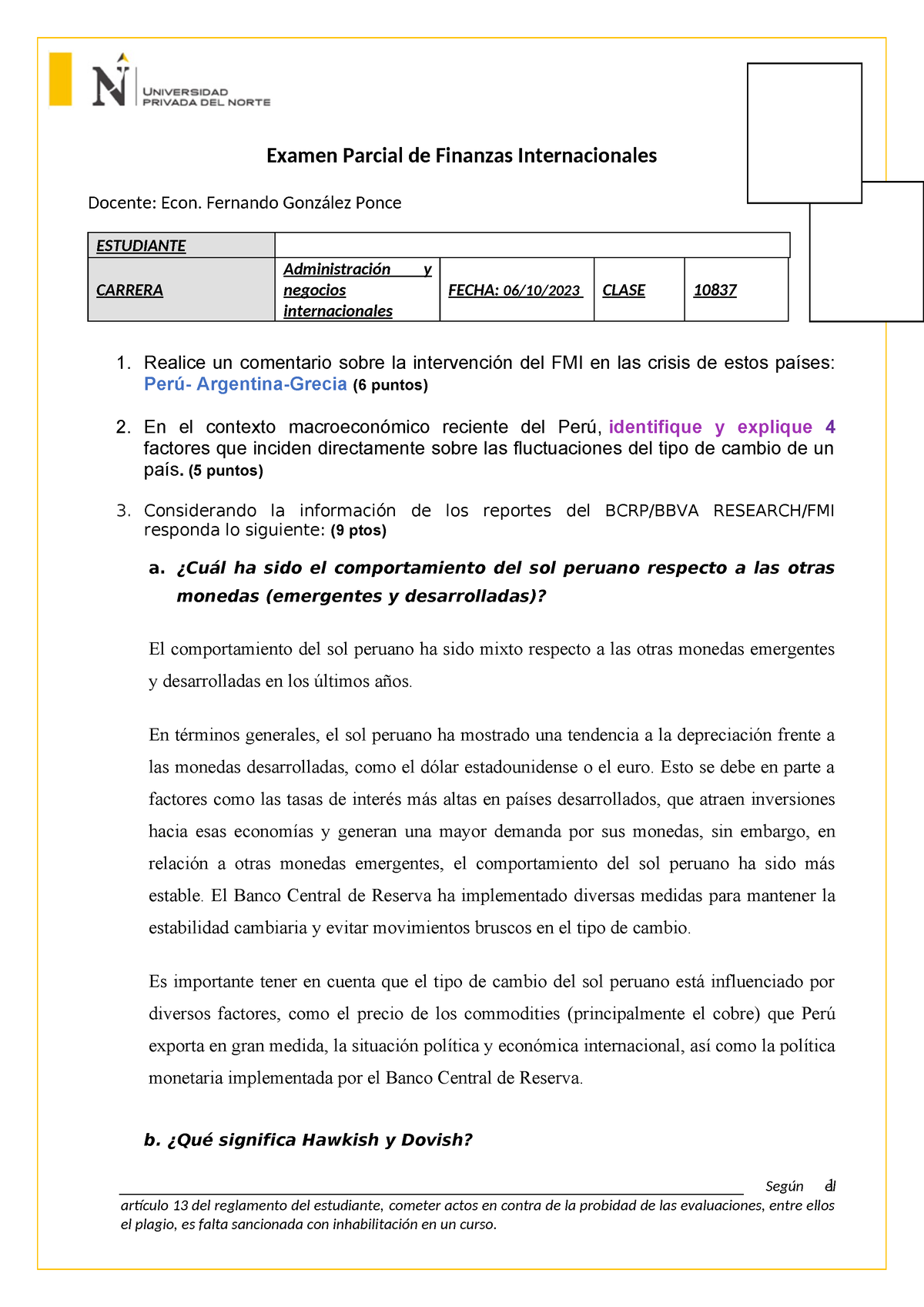 Examen Parcial Finanzas Internacionales-2023-2 - Examen Parcial De ...