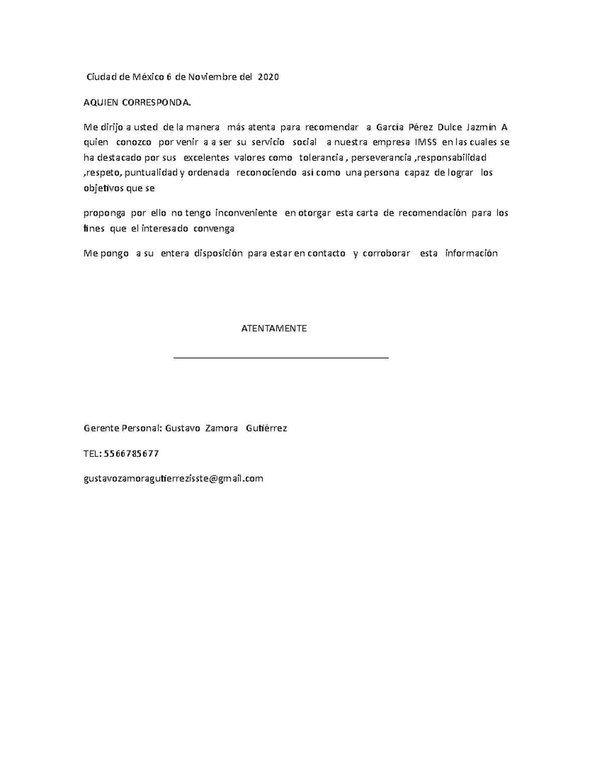 Carta DE Recomendacion  Ciudad de México 6 de Noviembre del 2020