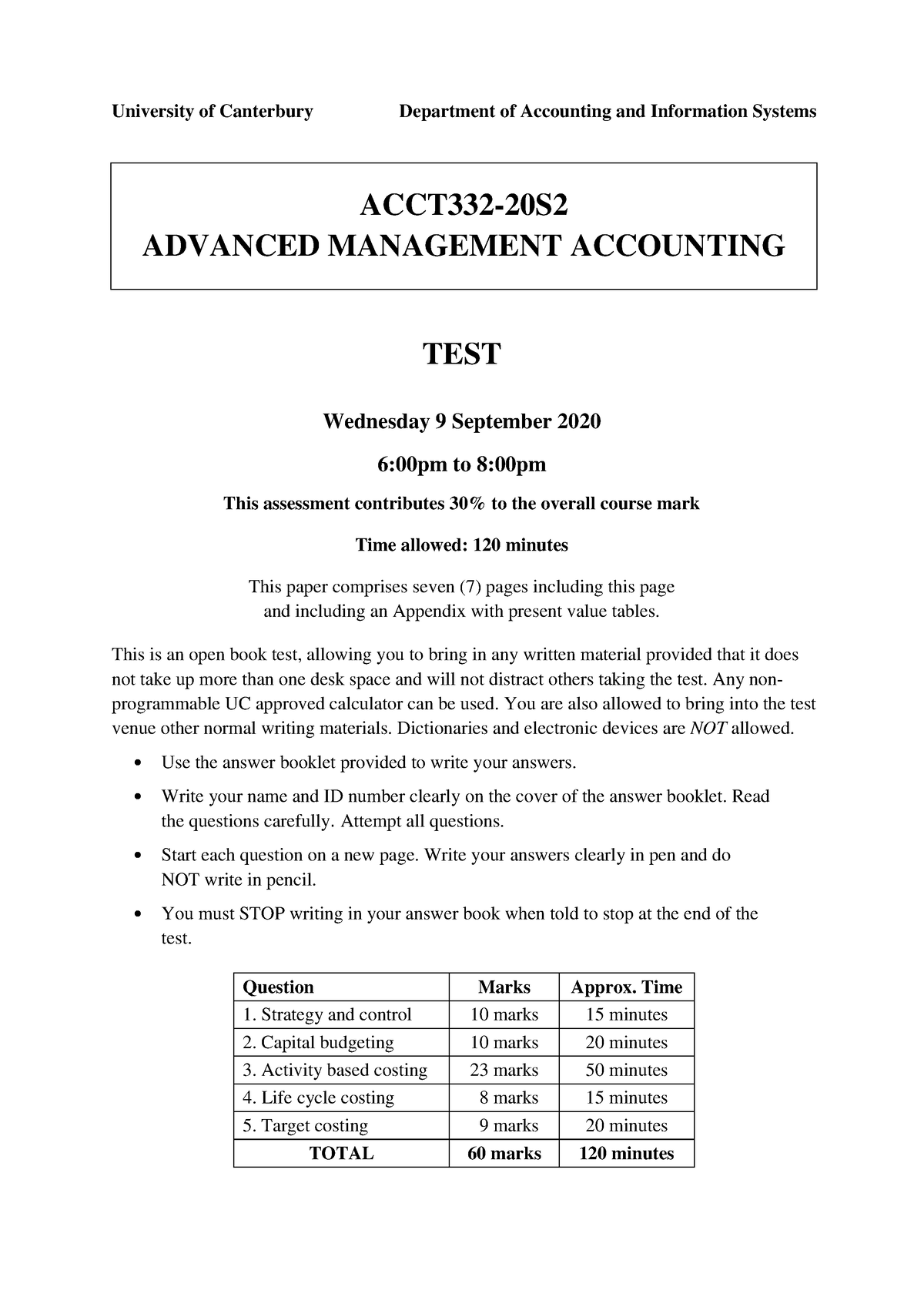 ACCT332-20S2 Test - Term Test - University Of Canterbury Department Of ...