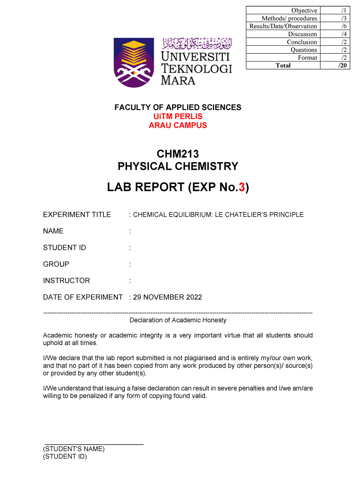 EXP 3 CHM213 - FACULTY OF APPLIED SCIENCES UiTM PERLIS ARAU CAMPUS CHM ...