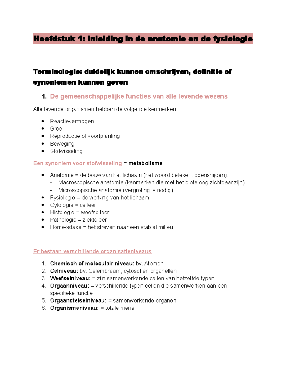 Anatomie En Fysiologie - Hoofdstuk 1: Inleiding In De Anatomie En De ...