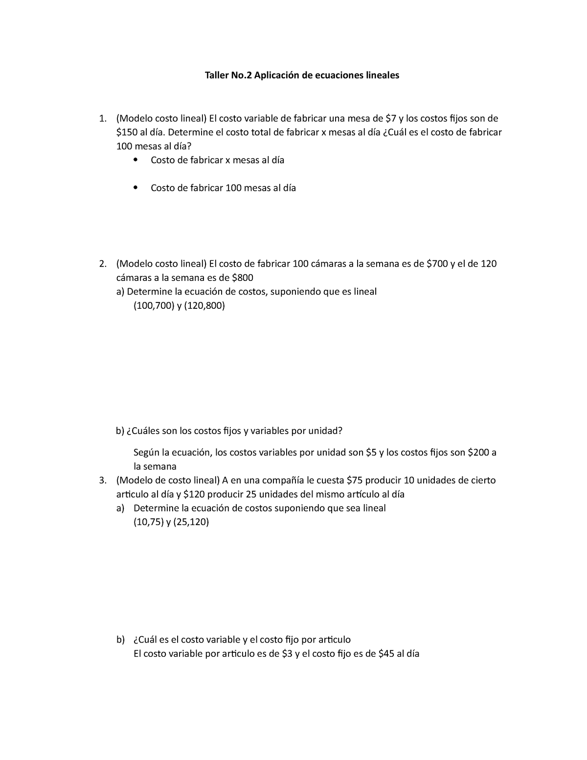 Taller No2 Modelos Cuantitativos - Taller No Aplicación de ecuaciones  lineales (Modelo costo lineal) - Studocu