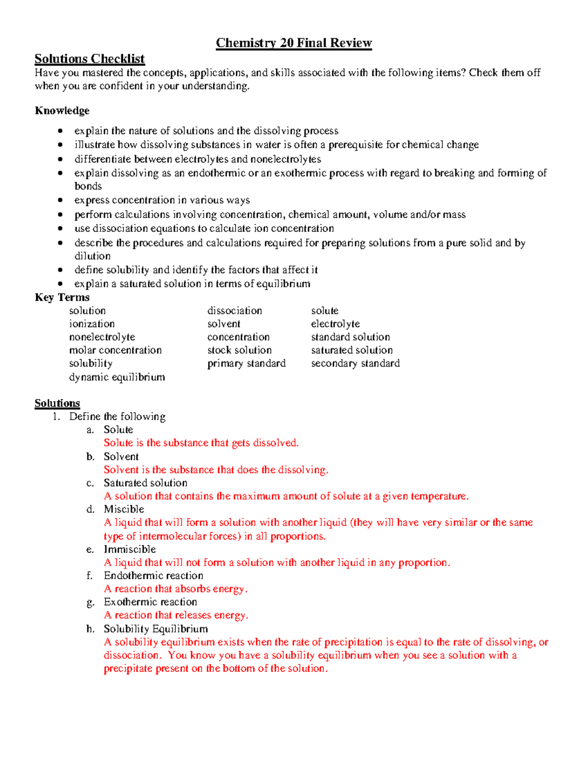 Chemistry 20 review key Chemistry 20 Final Review Solutions Checklist