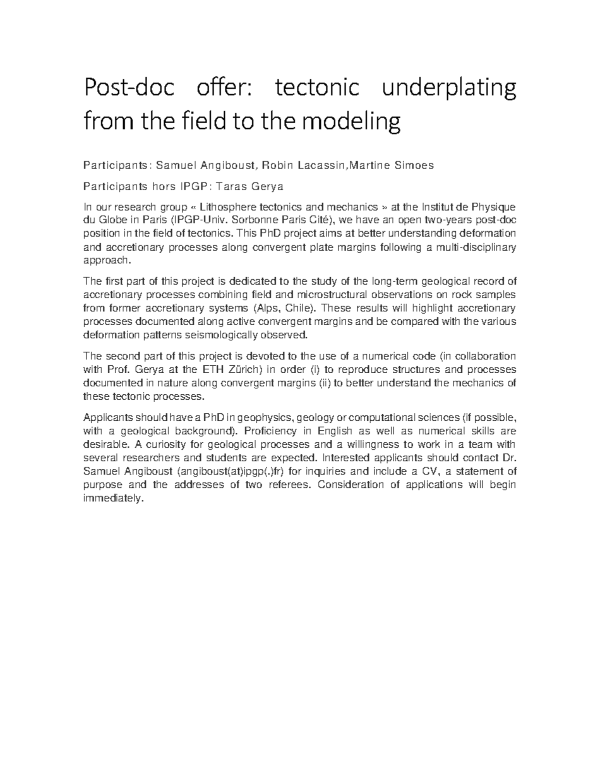 IPGP Post-doctoral offer - Warning: TT: undefined function: 32 Post-doc ...