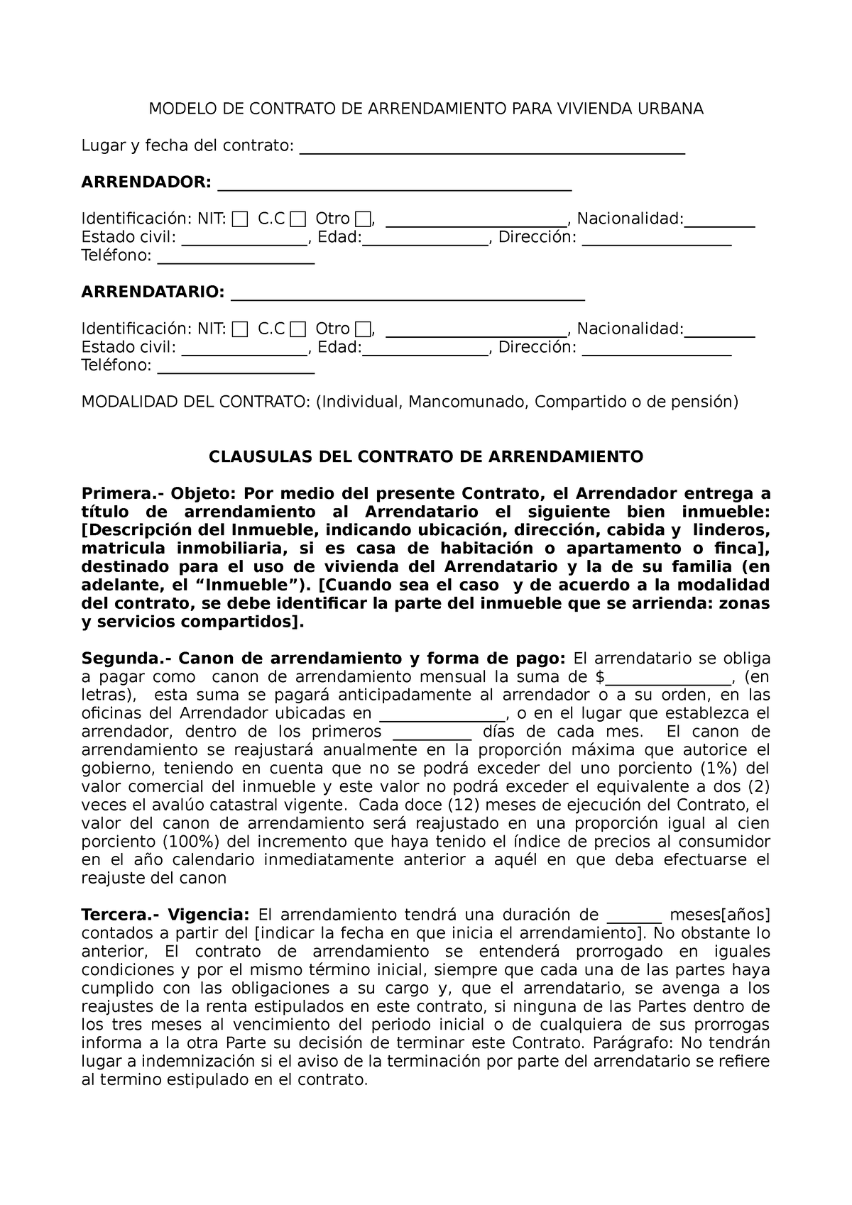 Modelo Contrato Vivienda Urbana Modelo De Contrato De Arrendamiento Para Vivienda Urbana Lugar 3429