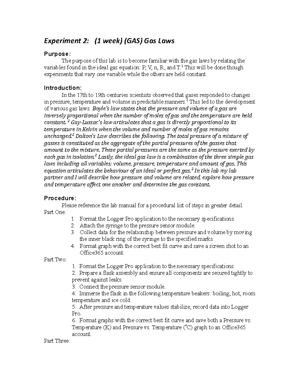 Chem Lab Writeup 2 - Experiment 2: Gas Laws - Experiment 2: (1 Week ...