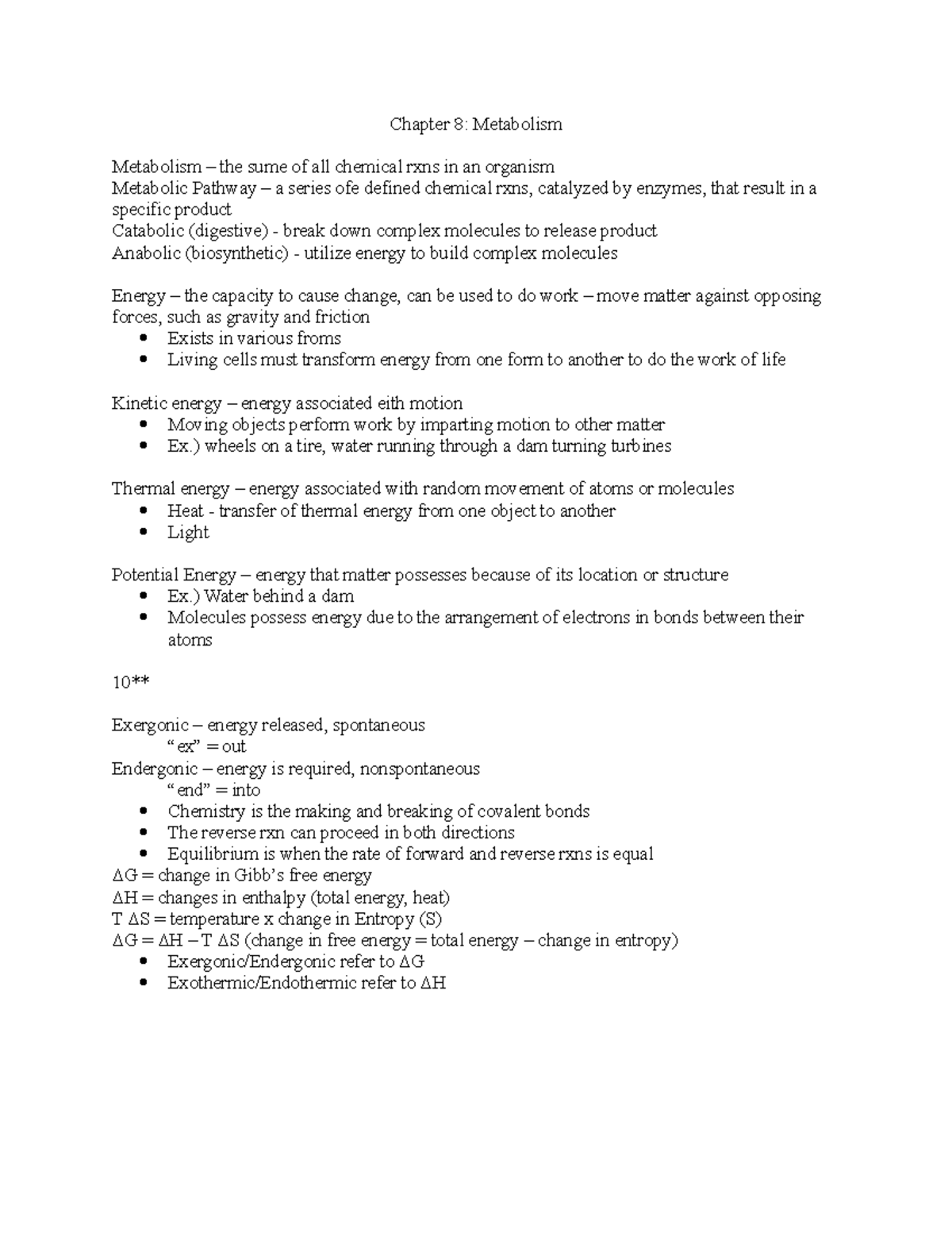 Chapter 8 Metabolism - Chapter 8: Metabolism Metabolism – The Sume Of ...