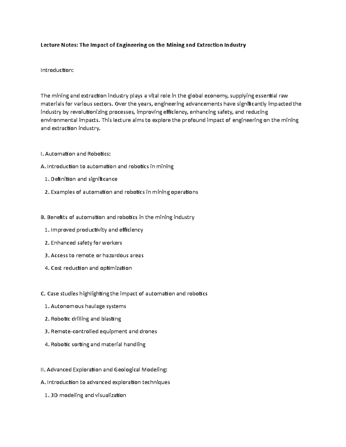 Lecture Notes: The Impact of Engineering on the Mining and Extraction ...