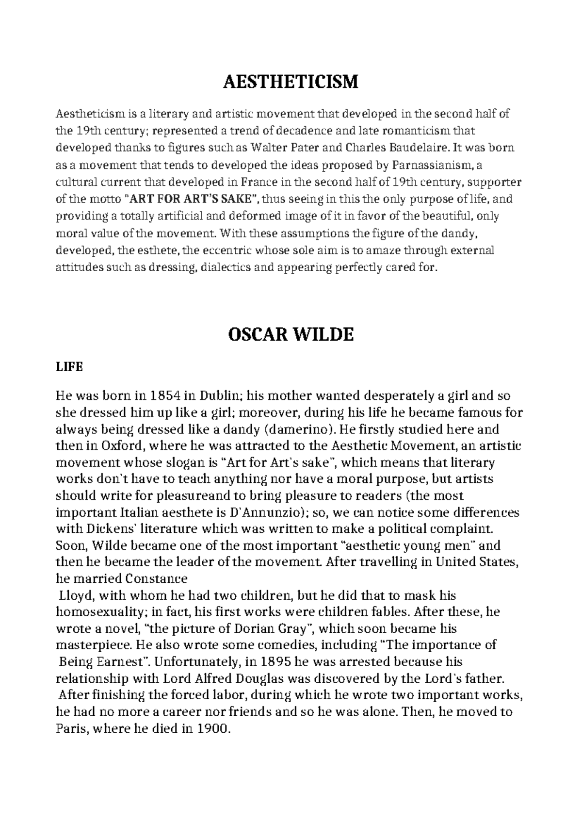 Aestheticism AND Oscar Wilde - AESTHETICISM Aestheticism is a literary ...