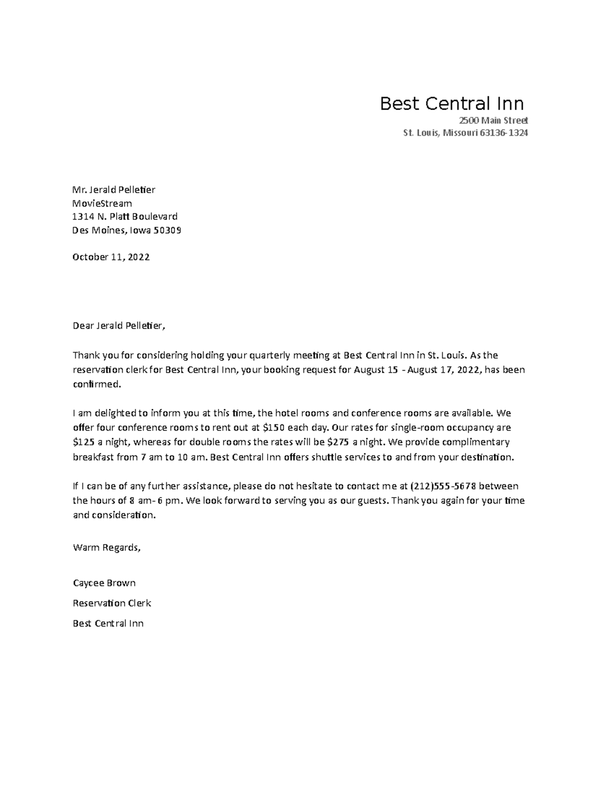 Business letter - Best Central Inn 2500 Main Street St. Louis, Missouri ...