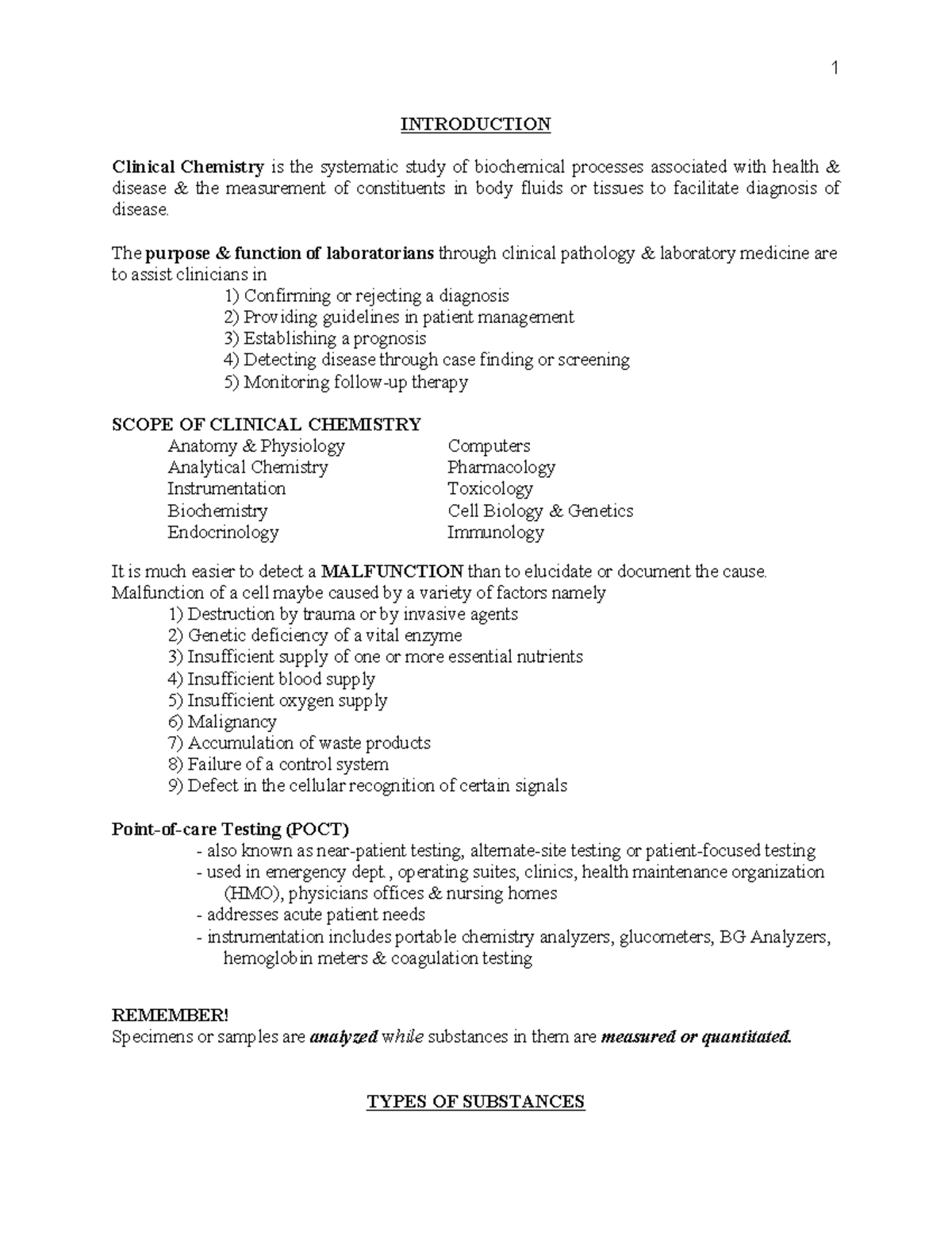 Lecture Notes - Bbyyy - INTRODUCTION Clinical Chemistry is the ...