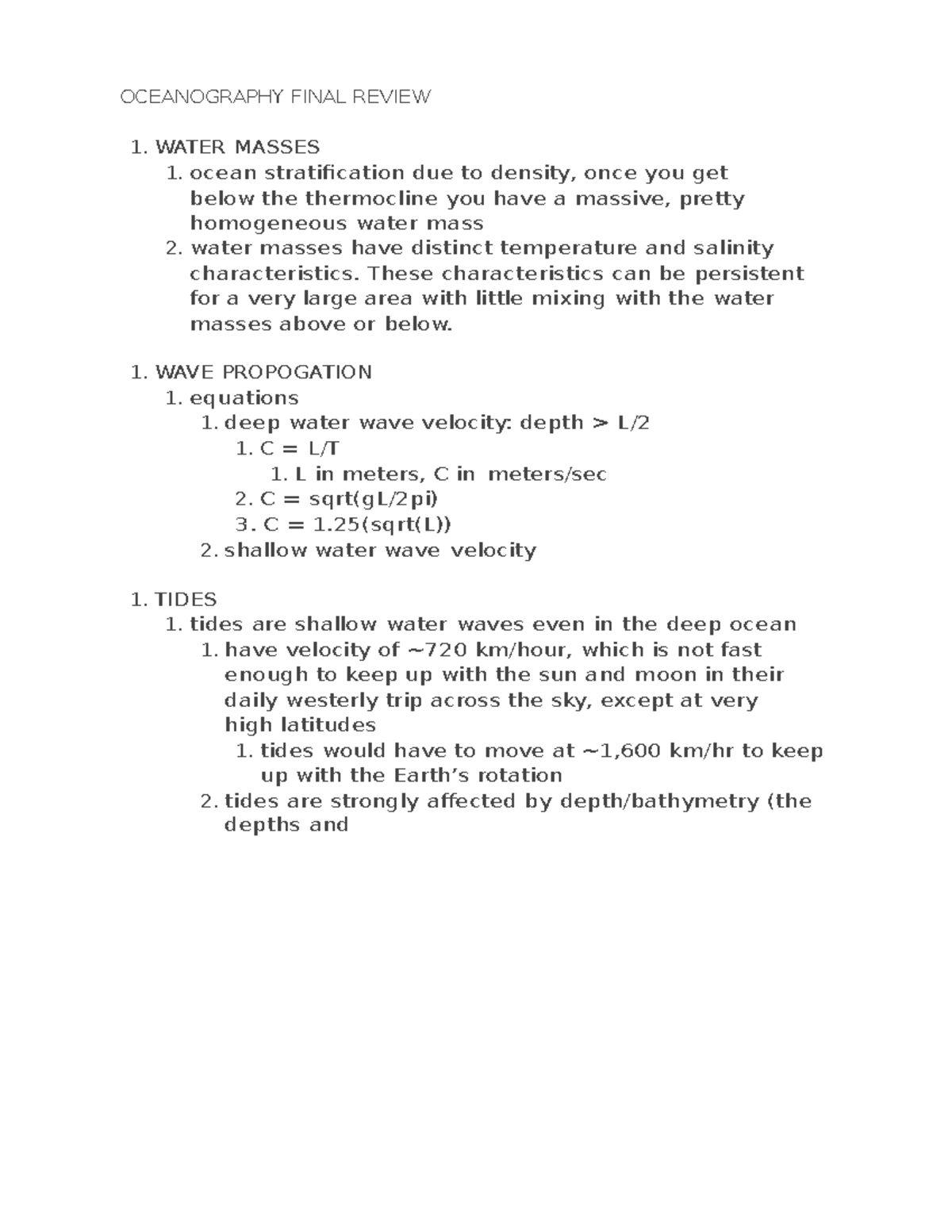 Oceanography Final Review - OCEANOGRAPHY FINAL REVIEW 1. WATER MASSES ...