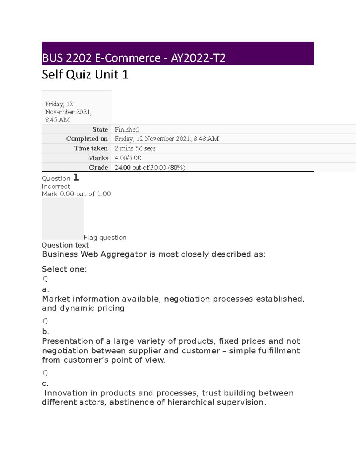 BUS 2202 Self Quiz Unit 1 E-commerce Unit 1 - BUS 2202 E-Commerce ...