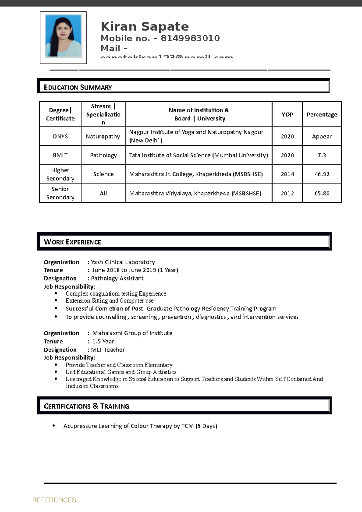 Kiran cv - MBA Credit Pattern - SPPU - Studocu