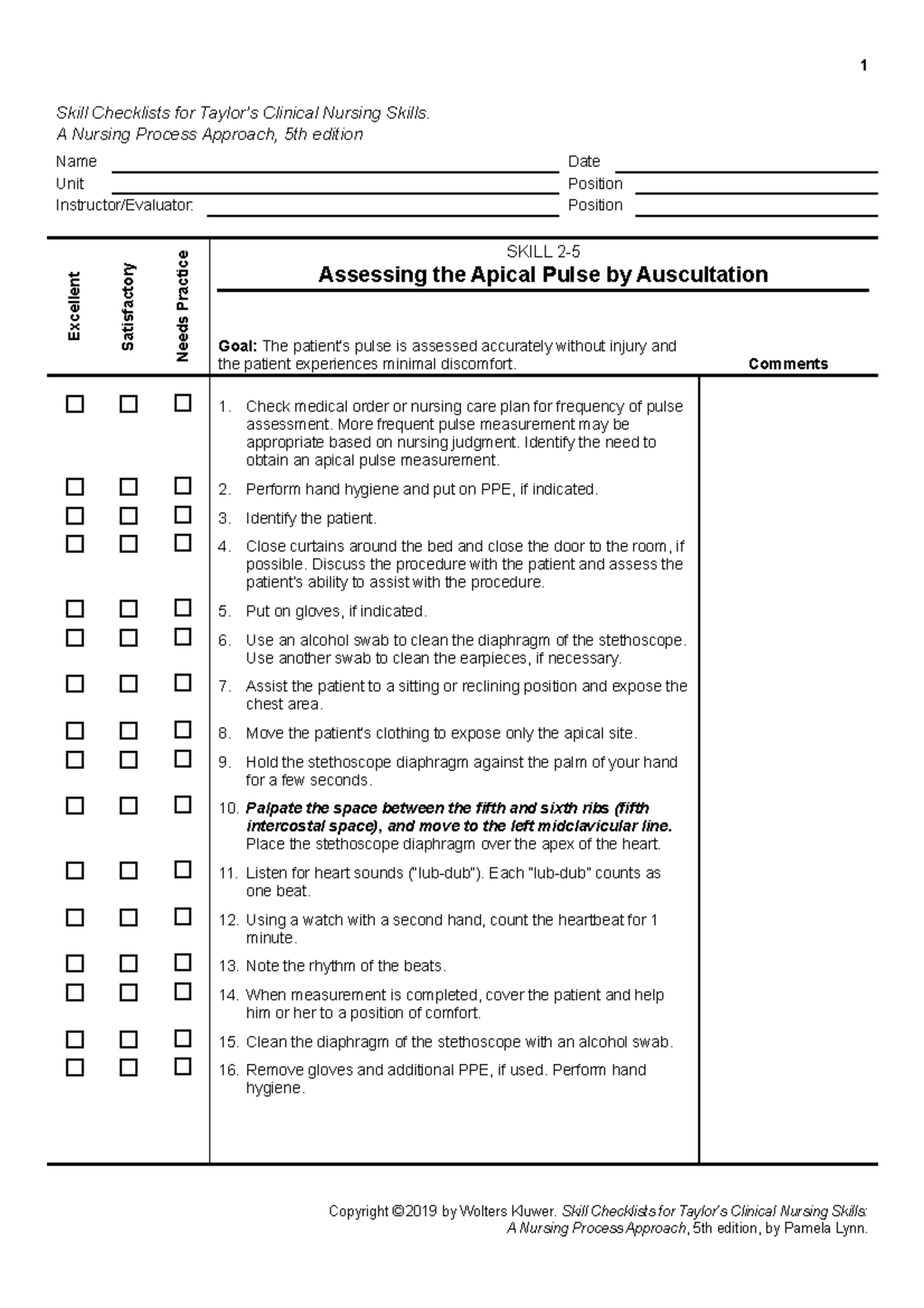 Skill 2 5 1 Skill Checklists For Taylors Clinical Nursing Skills A Nursing Process Approach 4961